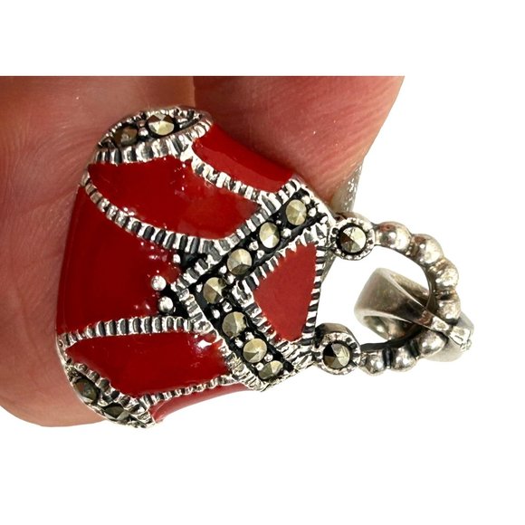 Women’s Pendant Red Enamel Purse Sterling Silver 925 Vintage Marcasite Stones - Picture 3 of 15
